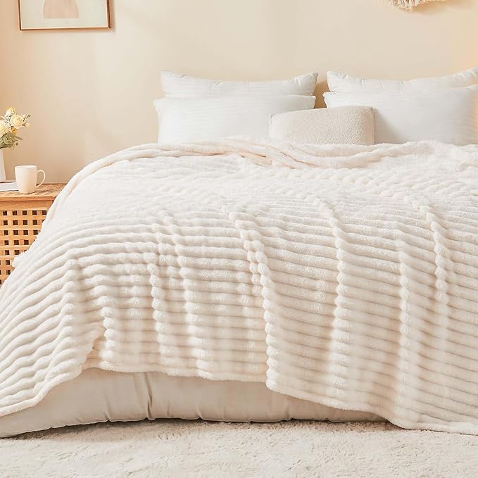 BEDELITE Ribbed King Size Blanket for Bed, Cream, 108"x90" | Ultra-Soft Plush Fleece, Warm Yet Lightweight, Ribbed Texture, Home Decor, Machine Washable, Giftable, All-Season Use