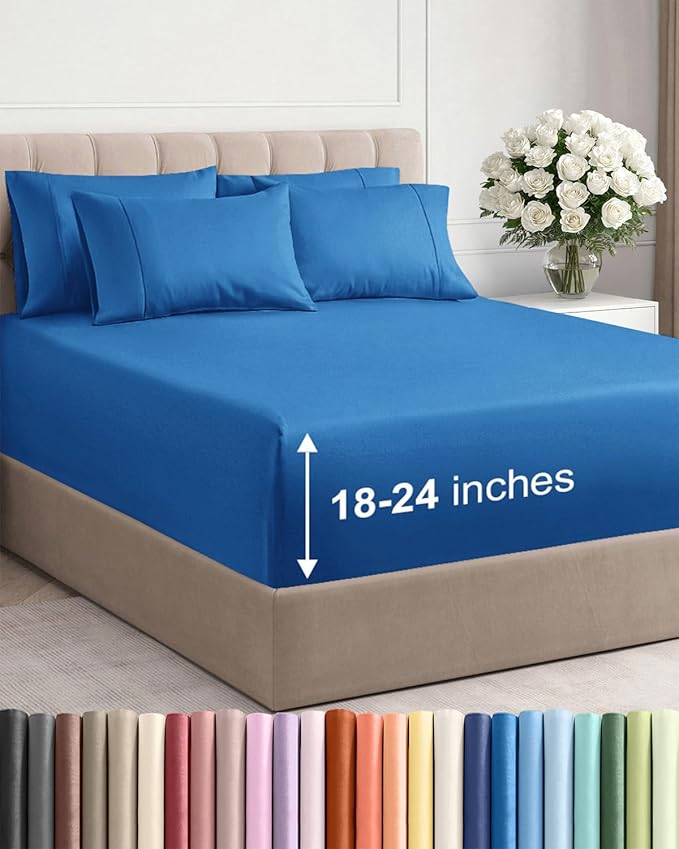 Extra Deep Full Sheet Set - 6 Piece Breathable Cooling Sheets - Royal Blue | Hotel Luxury Bed Sheets Set, Easy & Secure Fit, Ultra-Soft, Wrinkle & Fade Free, Comfy Sheets Set with Extra Deep Pockets