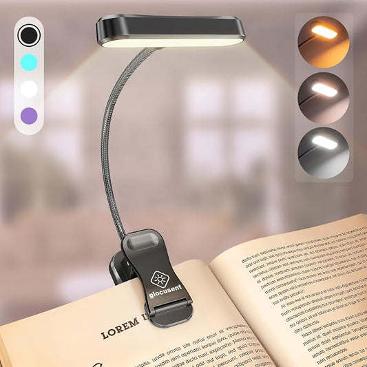 Glocusent Rechargeable Book Light, Clip on Light for Bedtime Reading | Eye Caring, 3-Color, 5 Brightness, Ergonomic, Traveling, Stocking Stuffers Gifts for Book Lover, 1.8Oz Lightweight & Portable