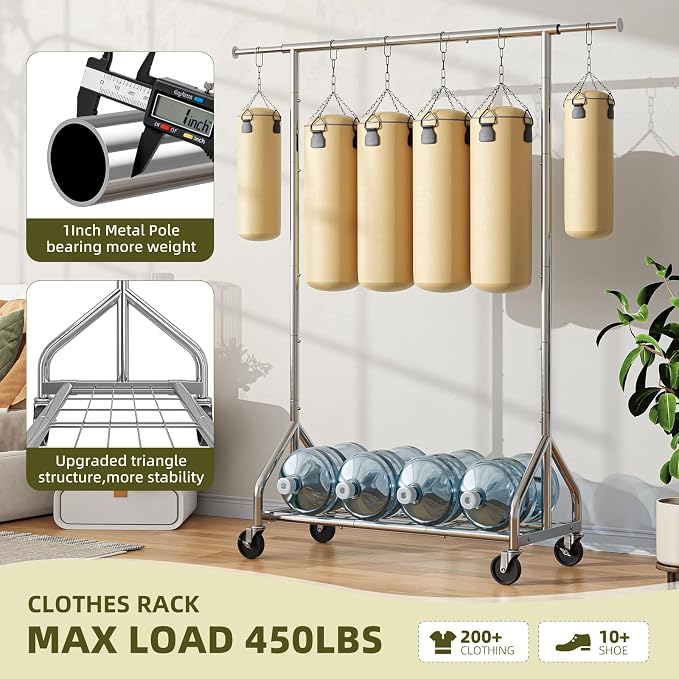 Simple Trending Double Rod Clothing Rack, Heavy Duty Clothes Rack, Chrome | Extendable Garment Rack, Freestanding Portable Closet with Wheels & Shelf, Adjustable Middle Rod, for Bedroom, Laundry