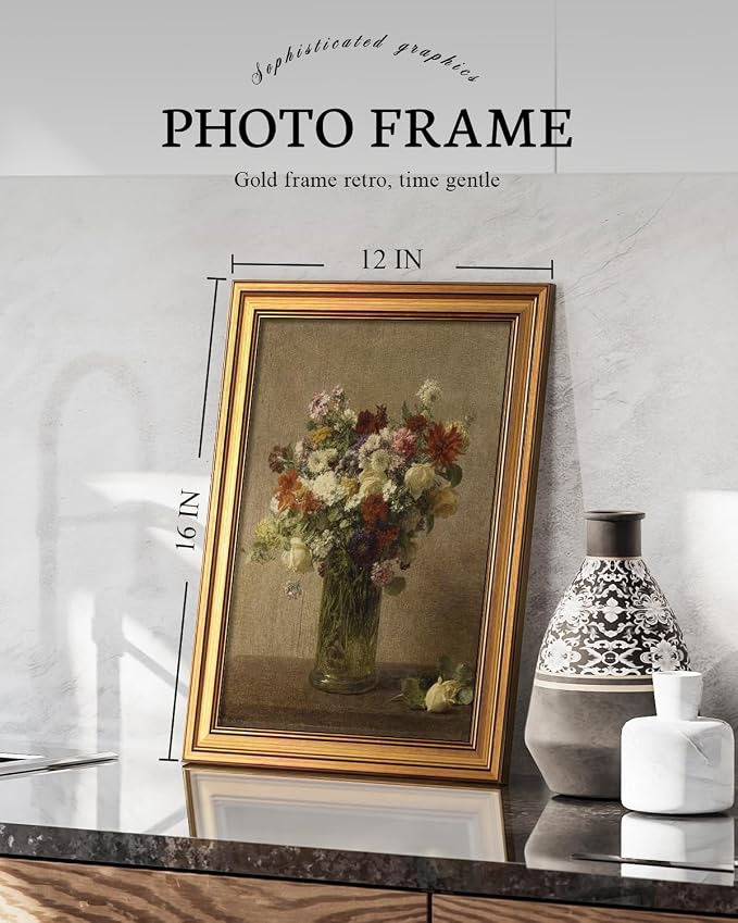 VIYYIEA Vintage Gold Framed Wall Art for Living Room, Flowers Canvas Prints Home Decor, Oil Painting Picture, Bedroom Wall Decor Gifts for Friends or Family -【A bottle of flowers】-(16L x 12W)