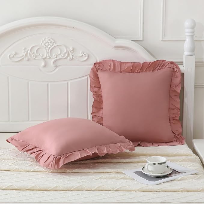 Merryword Pink Mocha Pillowcases 18x18 Throw Pillow Covers Pack of 2 Soft Microfiber Ruffle Decorative Pillowcase Cushion for Couch Sofa Bedroom