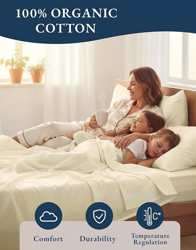 LANE LINEN Twin XL Bed Sheets 100% Organic Cotton 3pc Percale - Natural | Twin XL Sheet Set, 100% Organic Cotton Percale - Crisp Hotel-Style Feel, Soft From The First Wash, Crisp Cool Percale Weave