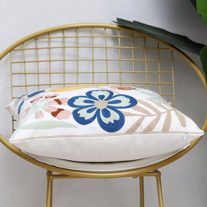 Pack of 2 Embroidered Decorative Throw Pillow Cover 18x18 Inch Farmhouse Floral Pillowcase for Living Room Sofa Bed (Floral)