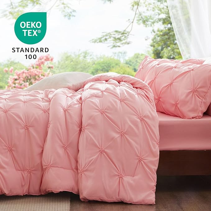 BEDELITE King Comforter Set Pink,Lightweight & Soft Comforter | Pintuck Boho Bedding, Warm & Cute Bed Set for All Season,With 2 Pillowcases