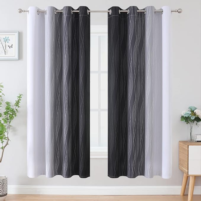 Black and Greyish White Ombre Blackout Curtains for Bedroom 52x72 Inch Long | Estelar Textiler Light Blocking Living Room Curtains, Room Darkening, Thermal Insulated Energy Saving Grommet Drapes,2 Panels