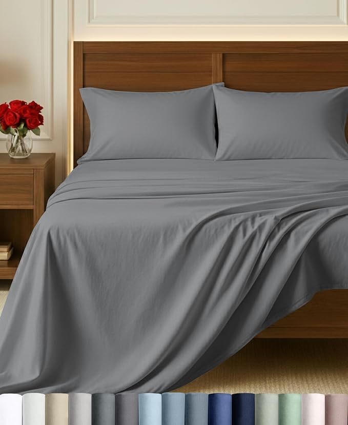 California Design Den 100% Egyptian Cotton Deep Pocket Queen Sheets Set | Backed by Good Housekeeping Seal, Light & Airy Soft Sateen, 16" Deep Pocket, All-Around Elastic, 4pc Set - Ultimate Grey