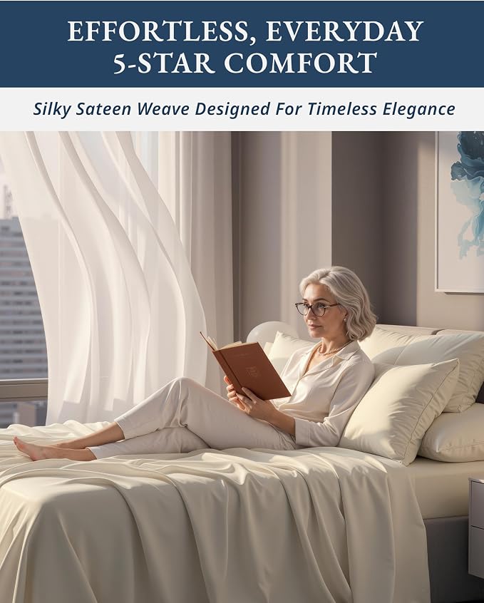 LANE LINEN Cal King Bed Sheets 100% Egyptian Cotton Sateen - Ivory | Cooling Sheets California King - 4-Piece Set, For A Luxurious Night's Sleep, For Guests And Everyday Use, Cozy Feel