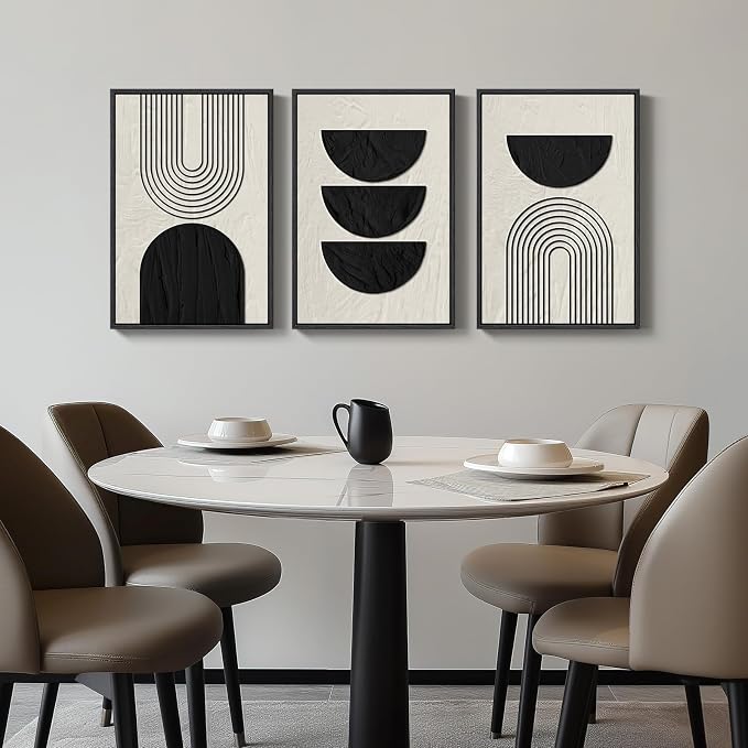 Framed Neutral Black and Beige Abstract Wall Art Set, 3 Piece Canvas Prints | Modern Minimalist Artwork, Geometric Pictures, Neutral Boho Paintings, Living Room Bedroom Home Office Wall Decor 20x30 Inch