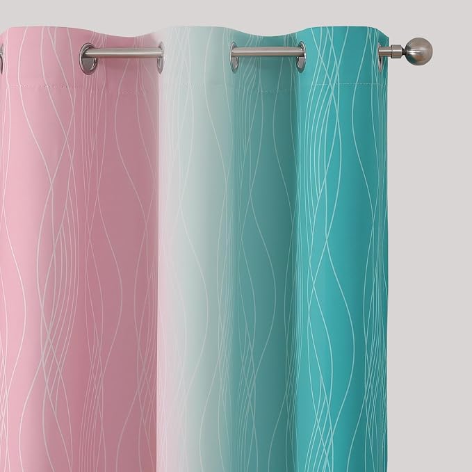 Pink and Teal Ombre Blackout Curtains for Bedroom 63 Inch | Gradient Thermal Insulated Curtains,Kids Room Darkening,Light Blocking Grommet Window Drapes for Living Room,42Wx63L,2 Panels