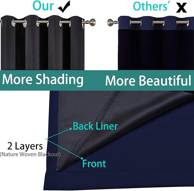 Yakamok Navy Blue 100% Blackout Curtains 96 Inches Long 52" Wide, 2 Panels | Blackout Curtain Panels for Bedroom, 2 Thick Layers Grommet Top Thermal Insulated Drapes with Black Liner for Living Room