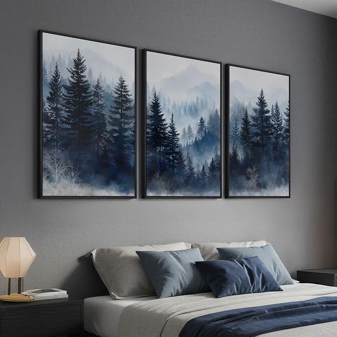 Framed Blue Foggy Forest Mountain Wall Art for Living Room, 3 Piece, 24x36 | Misty pine tree, Foggy scenic, Nature landscape, Solid wood frame, Ready to hang, Bedroom wall decor, Canvas print artwork