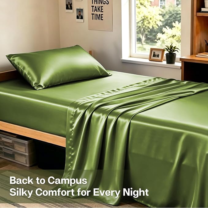 MR&HM Satin Sheets Twin Size with Elastic Corner Straps, Sage | Similar to Silk, 3-Piece Silky Soft Bed Sheet Set, Gentle on Skin and Hair, 15" Deep Pocket, Cooling & Breathable