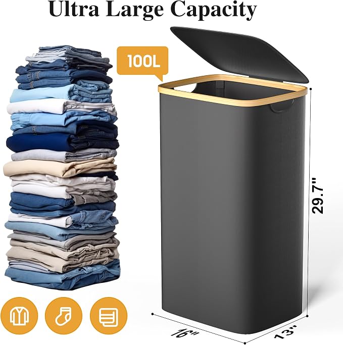 Foluck 100L Laundry Hamper with Lid Removable Bag and Bamboo Handles | Waterproof Self-locking Inner Bag, 3 Different Handles, 600D Cationic Cloth, for Dorm Bedroom Bathroom