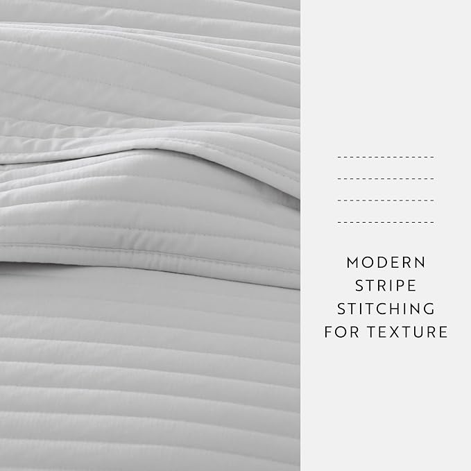 Merit Linens Modern Quilt Coverlet Soft Set in Stripe Stitching - Twin/TwinXL Light Gray