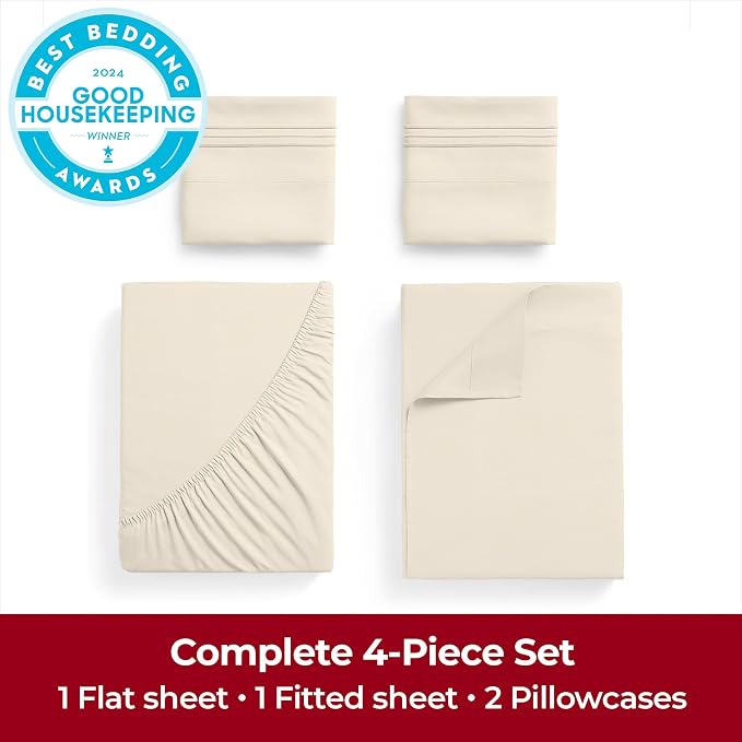 Mellanni 4-Piece Microfiber Sheet Set (Extra Deep King, Golden Ivory) | Double-brushed softness; breathable comfort; 21-in deep pocket; machine washable; OEKO-TEX(R) certified; Lifetime Promise