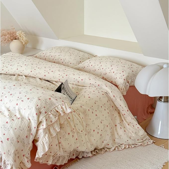 Chic Shabby Vintage Floral Duvet Cover Twin for Kids Girls Boys 100% Cotton Muslin Ruffled Quilt Cover Twin, 68"x86", Flower Rabbit Print, Soft Breathable, Zipper Closure, No Pillowcase