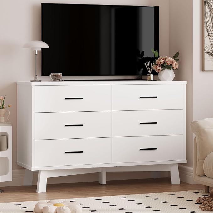 Xixini Dresser for Bedroom, 6 Drawer Wide Modern Chest of Drawers with X-Shaped Sturdy Base, Wood Double Dresser Closet Clothes Storage Organizer, Wooden TV Stand for Living Room, Hallway, White