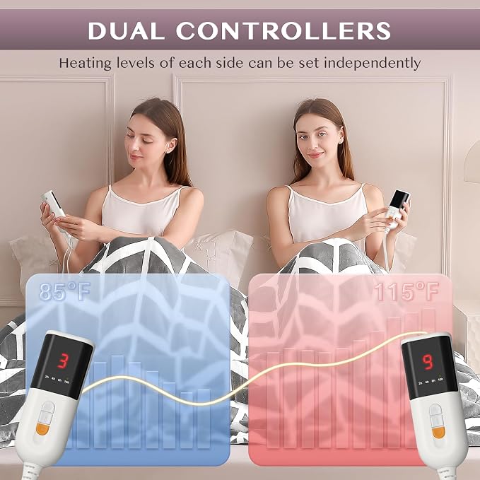 VENTIMI Heated Blanket Queen, 9 Heat Levels & 2-10 Hours Auto Off, Grey | ETL & FCC, Dual Controller, 84" × 90", Flannel and Sherpa, Bed Couch Use, Machine Washable, Removable Controller