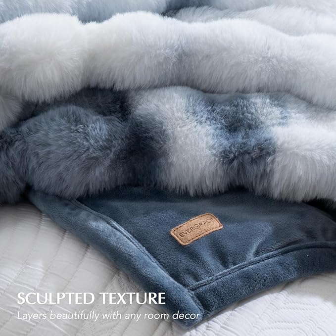 EverGrace Faux Rabbit Fur Bubble Throw Blanket, 50"x60", Cloud Blue | Ultra Soft, Luxury Faux Rabbit Fur Throw, Thick Warm Bubble Blanket, Cozy Fluffy Reversible, for Bed, Couch, Chair, Sofa