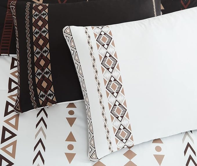 Super King Comforter Set - 7 Pieces Boho Bed in a Bag Western Bedding | Reversible Bedding, All Season Aztec Bed Set with Comforter, Sheets, Pillowcases & Shams, Brown