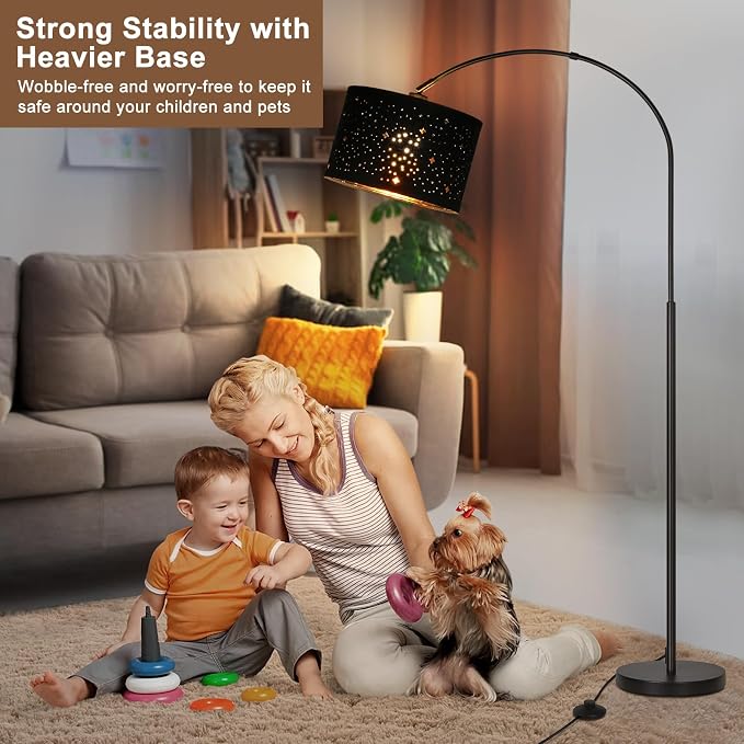 Modern Arc Floor Lamp, Tall Pole Lamp with Black Stars Lampshade | Arched Reading Light with Adjustable Lamp Head and Pedal Switch, Over Couch Hanging Light for Living Room, Bedroom, Office