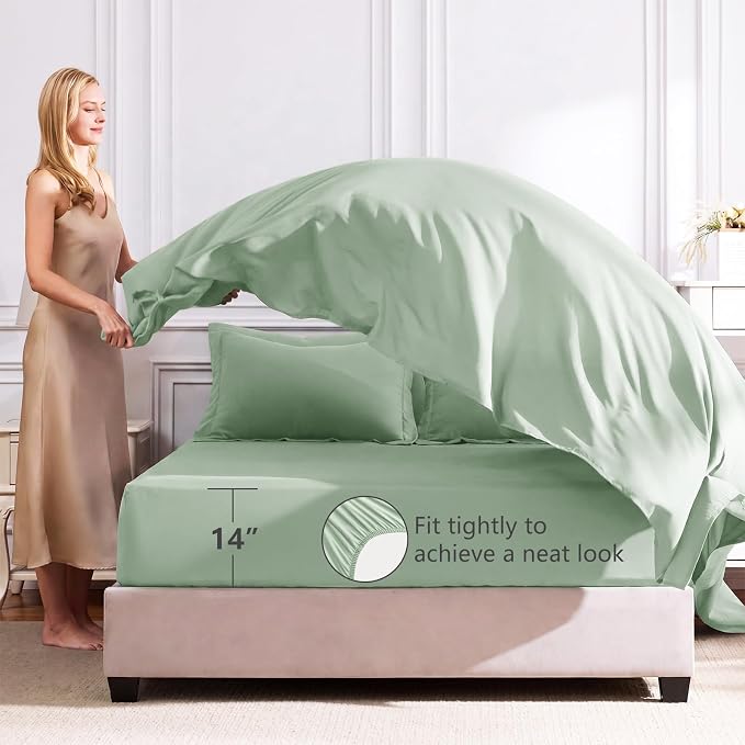 Queen Comforter Set with Sheets Sage Green - 7 Pieces Bed in a Bag | OEKO-TEX Certified, All Season, 240GSM Down-Alternative Comforter, Sheets, Pillowcases & Shams, 14" Deep Pocket, Easy Care