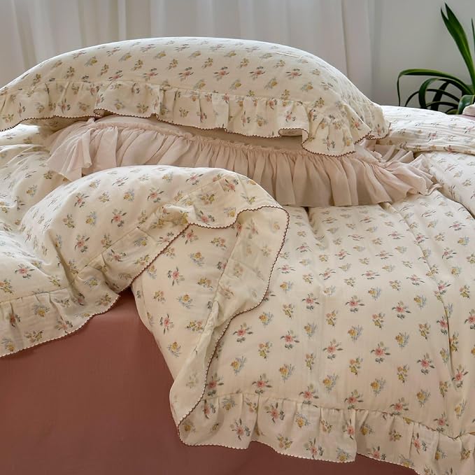 100% Cotton Muslin Duvet Cover Twin for Kids Girls Boys, Shabby Chic Azalea Floral Duvet Covers Vintage Farmhouse Comforter/Quilt Cover with Ruffles, 68"x86", Zipper Closure, No Pillow