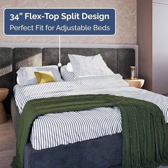 Flex Top Split Head King 4 Piece Sheet Set - Soft & Cooling - Blue Stripes | Cooling Bed Sheets Set, Hotel Luxury Bedding for Women & Men with Deep Pockets, Wrinkle Free & Fade Resistant, Oeko-Tex
