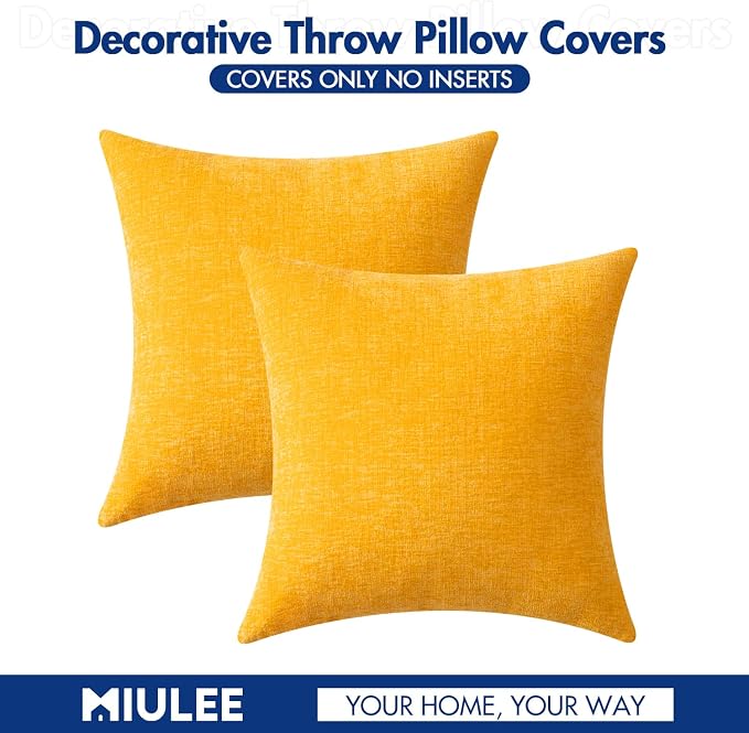 MIULEE Soft Chenille Throw Pillow Covers Goose Yellow 18x18 Inch Pack of 2 | Modern Home Decor, Classic Decorative Pillows, Solid Dyed Cases, Boho Couch Cushion Covers for Sofa Bed Living Room