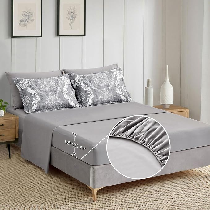 WONGS BEDDING Grey Comforter Set King Size Damask Texture 7 Pieces Gray Bed in a Bag Soft Microfiber Boho Comforter Bedding Sheet Set Comforter Flat Sheet Fitted Sheet Pillow Shams Pillowcases