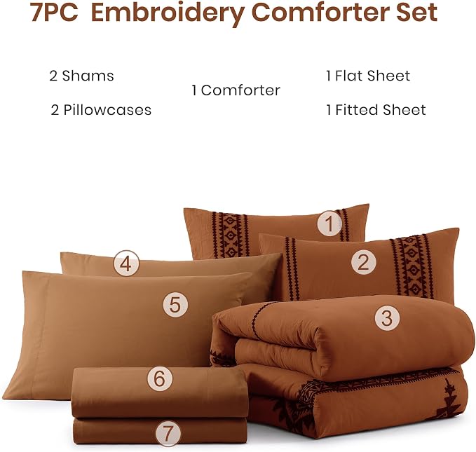 MaiRêve Embroidery King Size Comforter Set 7 Pieces Western Bed in a Bag | Burnt Orange Boho Farmhouse Bedding Sets with Comforter, Sheets, Pillowcases & Shams