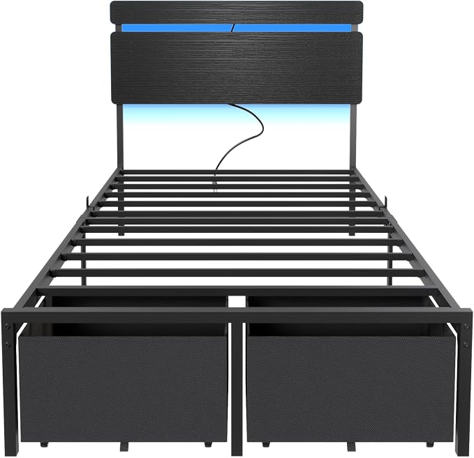 Forestell Twin Bed Frame with Wood Headboard,2 Storage Drawers & Shelf | Built-in Charging Station & LED Lights, Metal Support, No Box Spring Needed, noise-free, easy assembly, Smart RGB, USB+Type-C