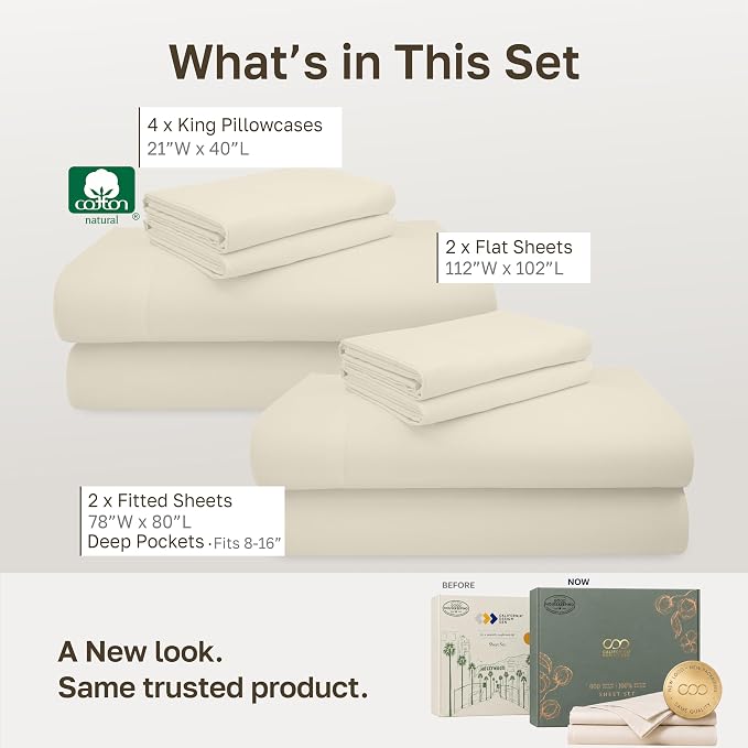 California Design Den 2 Pack Luxury 600 Thread Count King Sheets Set | 100% Cotton Sateen Backed by Good Housekeeping Seal, Soft & Smooth, 16" Deep Pocket, All-Around Elastic - Cream (Warm Ivory)