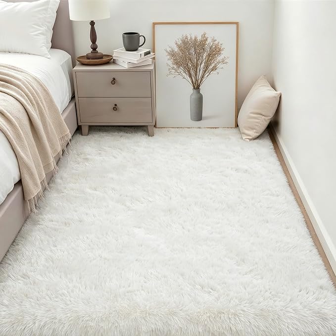 Area Rug Living Room Bedroom: 4x6 Fluffy Plush Shag Carpet Ivory | For Kids Room Playroom Nursery Home Decor,Ultra Soft,Non-Slip Non-Shedding,Fuzzy Plush,Large Indoor Floor Carpet,Easy Clean