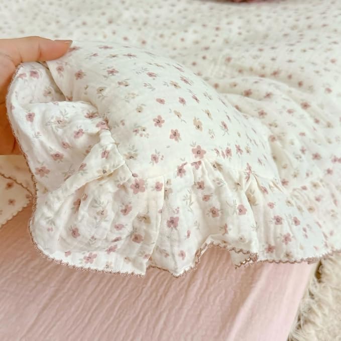 Princess Ruffled Muslin Duvet Cover for King Bed, 100% Cotton Bedding Soft Lightweight Quilt Cover with Zipper, Chic Shabby Pink Floral Print Comforter Cover 90"x104", No Pillow