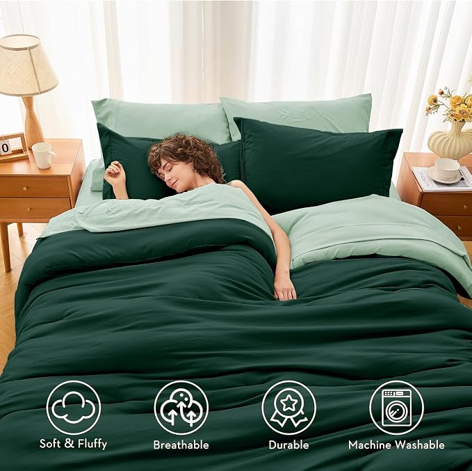 7 Pieces King Comforter Set, Soft Bed in a Bag King Size, All Season Bedding Set with Comforter, Flat Sheet, Fitted Sheet, Pillowcases & Shams, Forest Green & Sage Green