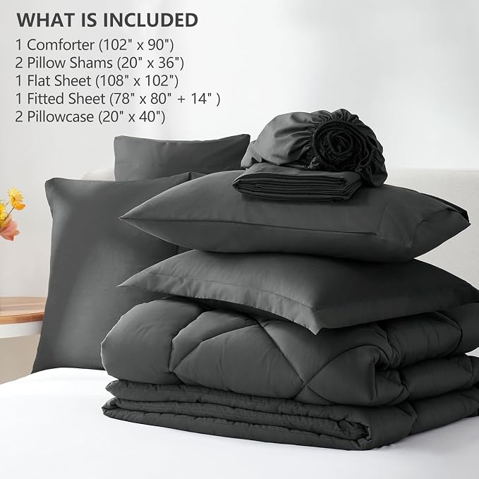 King Size Comforter Set Dark Grey - 7 Pieces Complete Bedding Set | OEKO-TEX Certified, All Season, 240GSM Down-Alternative Comforter, Sheets, Pillowcases & Shams, 14" Deep Pocket, Easy Care