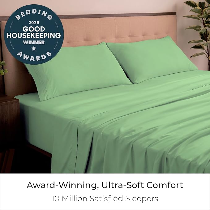 Mellanni Iconic 4-Piece, Ultra Soft Sheet Set (California King, Pistachio) | 10M+ Sleepers. Lab-tested: Sleeps Cool, Stays Bright, Strong, Smooth. Good Housekeeping Best Bedding, 7 yrs running.