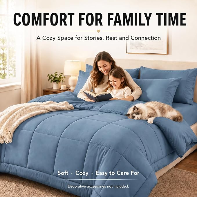 Super King Comforter Set Dusty Blue - 7 Pieces Bed in a Bag | OEKO-TEX Certified, All-Season, Bedroom, Guest Room, Down-Alternative Comforter + Flat & Fitted Sheets + 4 Pillowcases