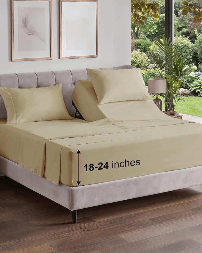 Flex Top Split Head King Sheet Set - 4 Piece Extra Deep Sheets - Beige | Easily Fits 18 to 24 inch Mattress, Ultra Soft, Wrinkle & Fade Free with Extra Deep Pockets, Comfy Hotel Luxury Bedding