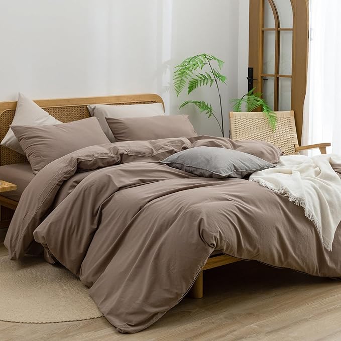 BESTOUCH Cotton Solid Duvet Cover Set Pine Bark Brown Oversized King | 100% Washed Cotton, Soft Wrinkle Texture, Hidden Zipper, 8 Ties, Breathable Lightweight Durable Comfy, 3 Pcs No Insert