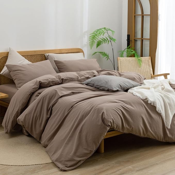 BESTOUCH Cotton Solid Duvet Cover Set Linen Feel Pine Bark Brown Twin | 100% Washed Cotton, Soft Wrinkle Texture, Hidden Zipper, 8 Ties, Breathable Lightweight Durable Comfy, 2 Pcs No Insert