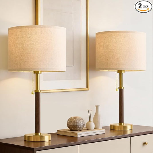 Wood Table Lamps 22" Mid Century Modern Lamps for Bedroom Living Room Lamps | Pull Chain Lamps Set of 2, Walnut Mcm Bedside Lamps for Night Stands, Vintage Small Side Table Lamps Buffet Nursery Decor