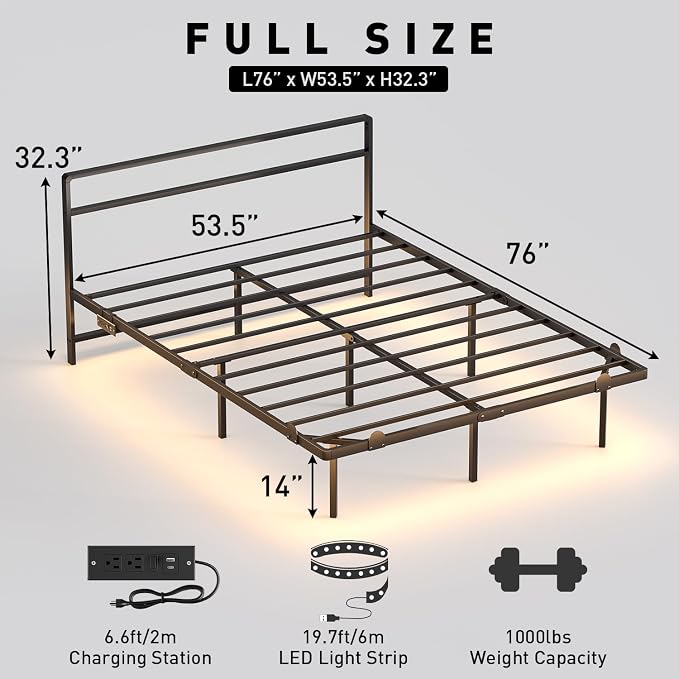 Full Floating Bed Frame with Headboard, Modern Platform Bed Frame with LED Lights and USB Charging Station, Sturdy Metal Bed Frame for Adults, No Box Spring Needed, Easy Assembly, Noise Free Design