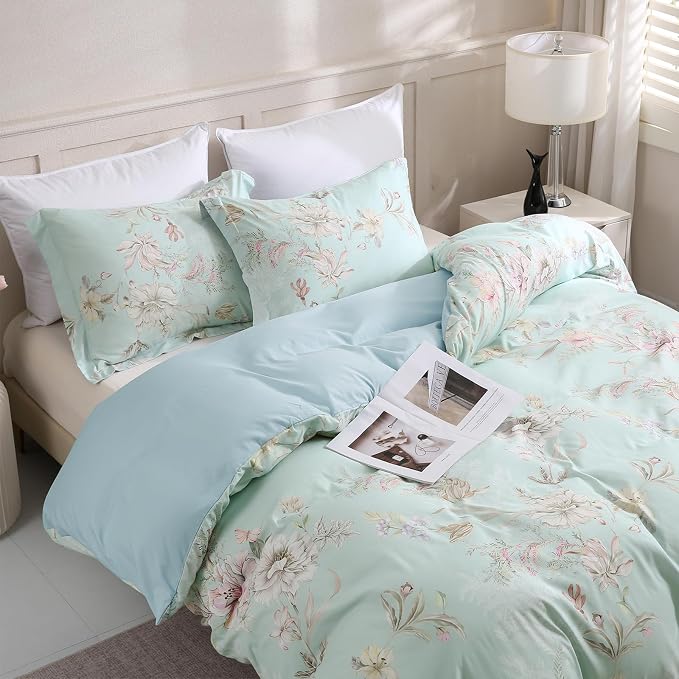 LONAVA King Flower 3 Pcs Duvet Cover Set, Breathable Soft Microfiber Light Blue Lining Comforter Cover with Zipper Closure, and 2 Anti-Pilling, Fade Resistant Pillowcases, Mint Flower