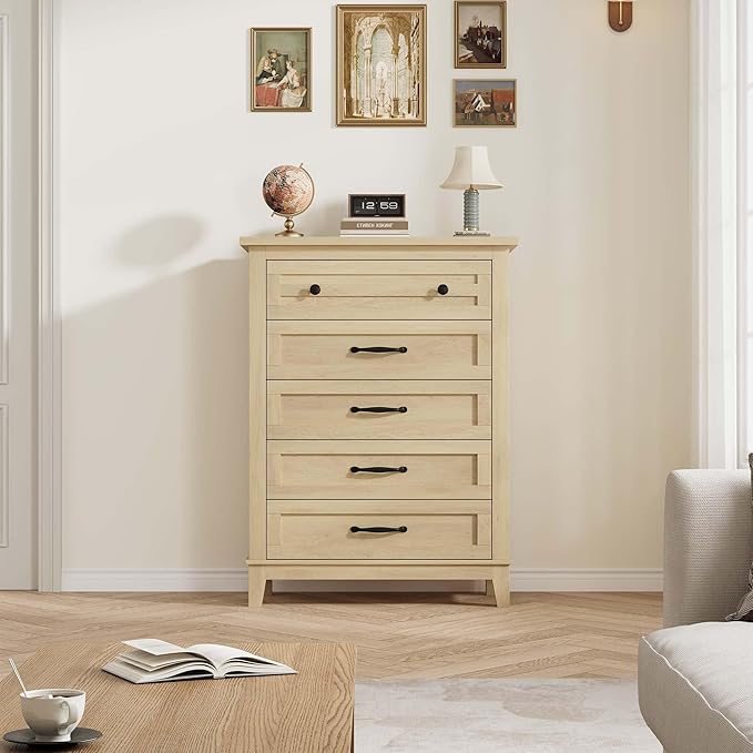 GarveeHome 5 Dresser for Bedroom, 41.3 in Tall Vertical Drawer Dresser with Large Storage, Freestanding Wooden Closet Chest for Bedroom, Living Room, Natural Oak