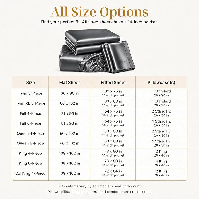 CozyLux Satin Sheets Queen, 4-Piece 14-Inch Deep Pocket Sheet Set | OEKO-TEX Certified Silky Soft Sheet Set for Hair & Skin, Luxurious Silky-Smooth Satin for Elegant Bedroom Decor, Dark Grey