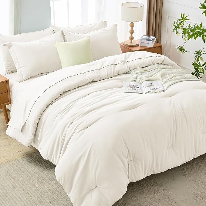 7 Pieces King Comforter Set, Soft Bed in a Bag King Size, All Season Bedding Set with Comforter, Flat Sheet, Fitted Sheet, Pillowcases & Shams, Ivory