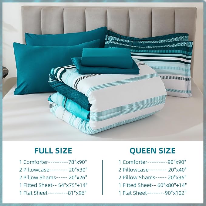 Dobuyly Teal Comforter Full Size Set 7 Pieces, Blue Boho Striped Bed in a Bag Full Size Soft Microfiber All Season Bedding Set with Comforter, Sheets, Pillowcases & Shams